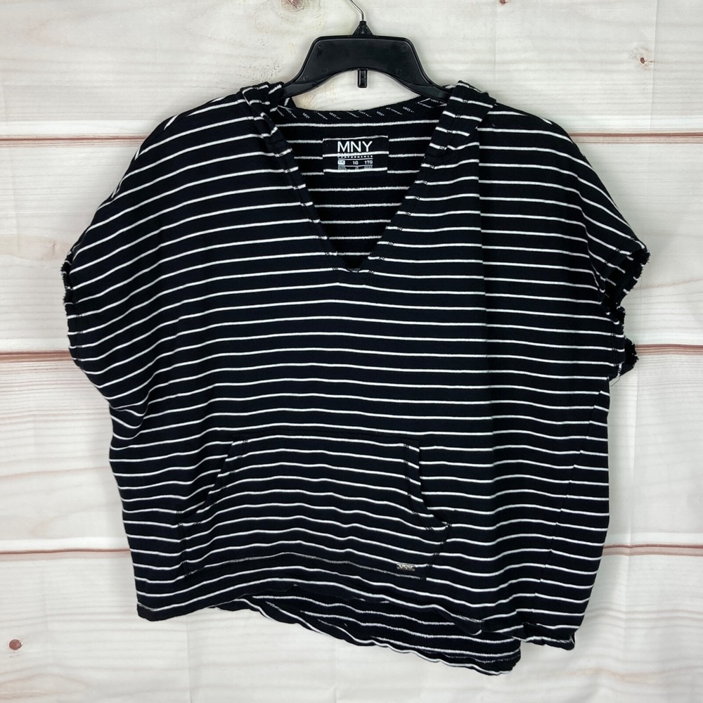 Marc New York Top Womens 1X Black Performance Stripe Hooded Knit Short Sleeve